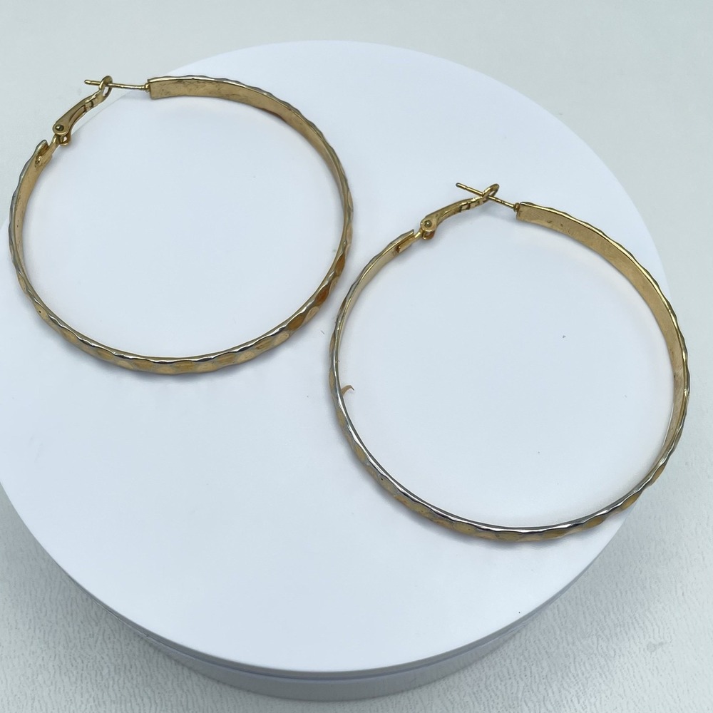 Large Gold Tone Hammered Hoop Earrings 3 Inch Oversized Textured Statement Boho